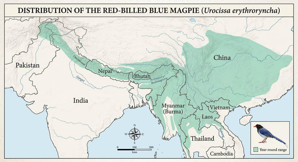 Distribution Map of the Red-Billed Blue Magpie (Urocissa erythroryncha) Distribution Map of the Red-Billed Blue Magpie (Urocissa erythroryncha)
