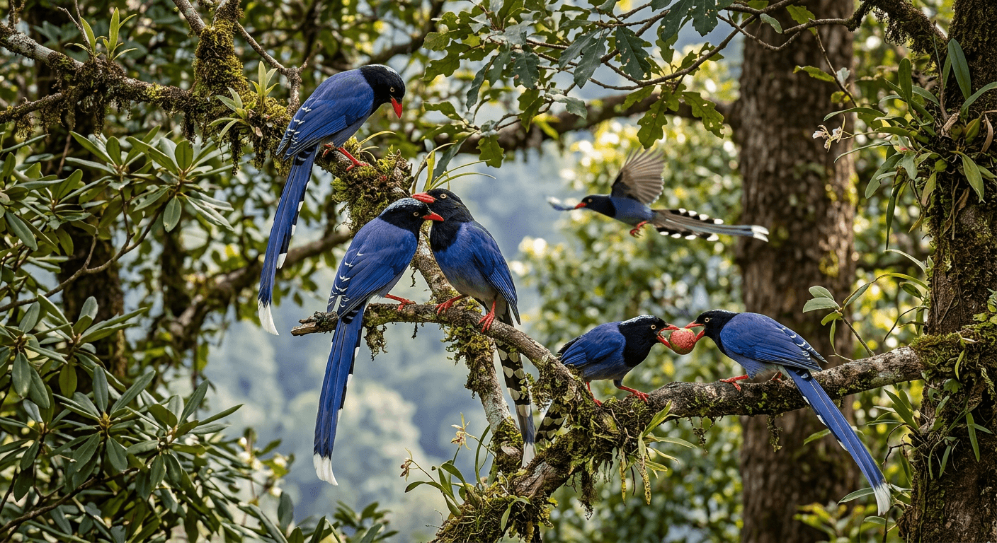 Group of Red-Billed Blue Magpies Feeding and Socializing in Forest Canopy Colorful birds feeding together in forest canopy