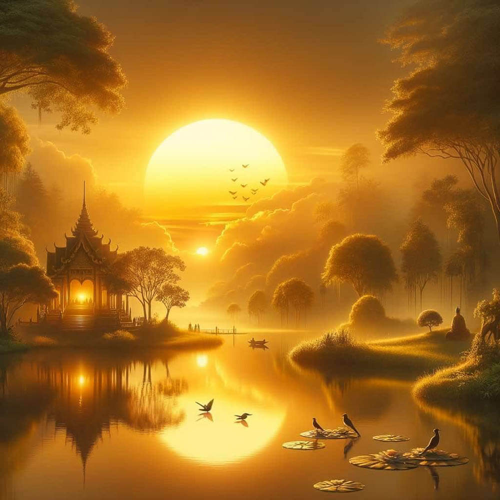 Golden Sunrise Over Serene Wetland With Birds And Temple Pavilion Golden Sunrise Over Serene Wetland With Birds And Temple Pavilion