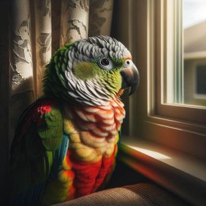 Green-Cheeked Conure Sitting By Window In Natural Light Green-Cheeked Conure Sitting By Window In Natural Light