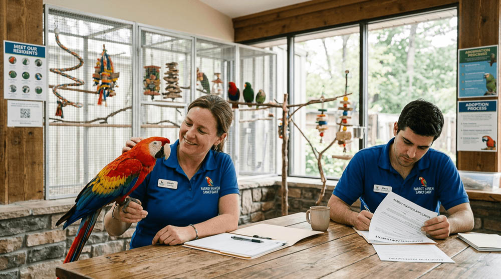 Sanctuary Staff Working With Macaw During Adoption And Intake Process