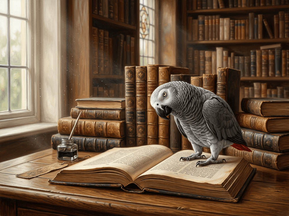 African Grey Parrot Standing On Open Book In Library Setting
