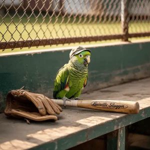 Amazon Parrot Wearing Cap Sitting On Louisville Slugger Bat