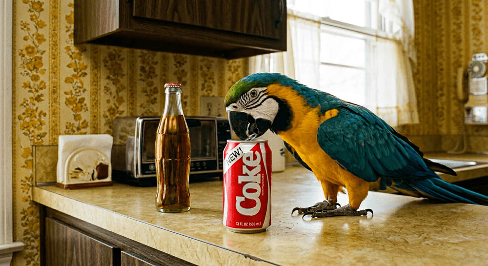 Blue And Gold Macaw Investigating Soda Can In Retro Kitchen Setting