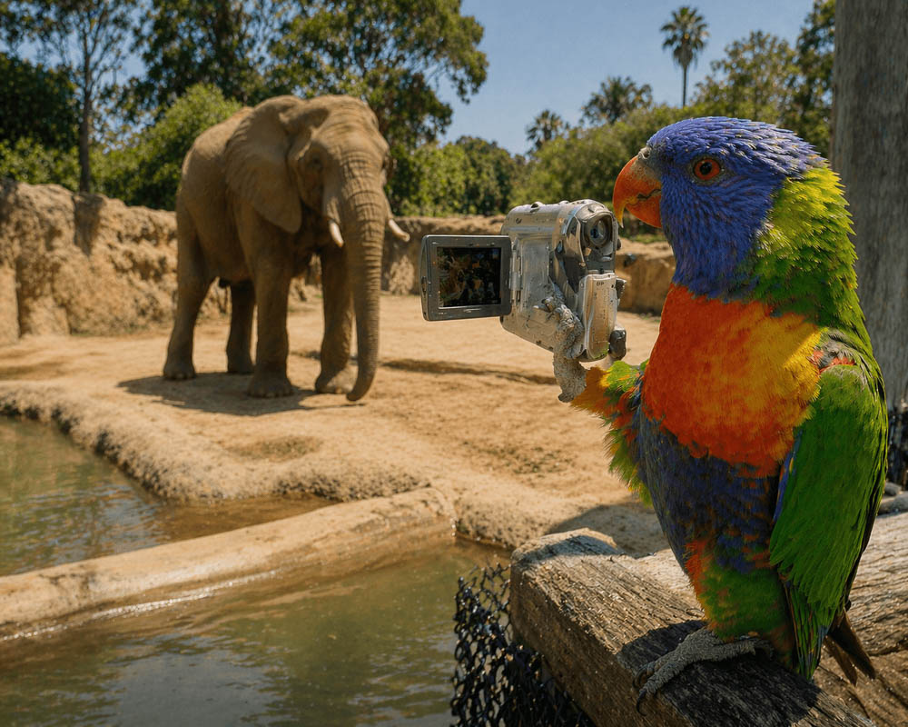 Colorful Parrot Holding Camera Photographing Elephant At Zoo Habitat