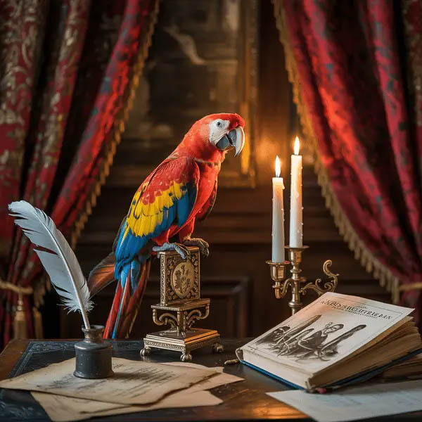 Scarlet Macaw Perched On Antique Clock Beside Books And Candles