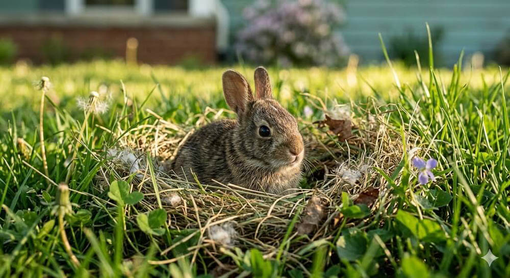 Baby Bunny Nestled in Grass Nest in Backyard Setting