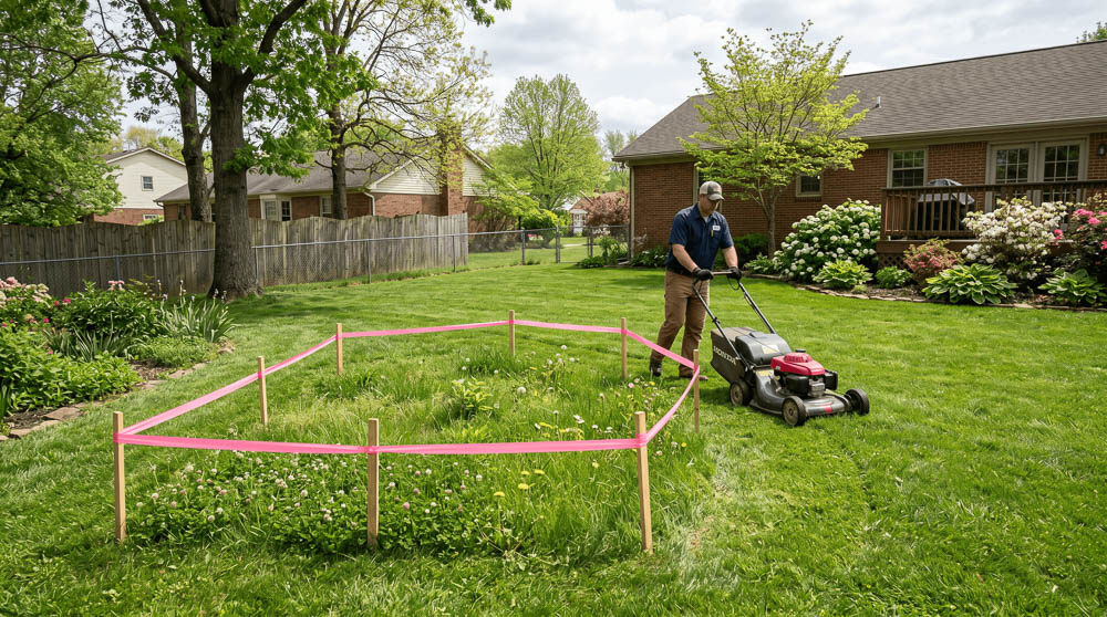 Protective Lawn Boundary Around Rabbit Nest During Yard Maintenance