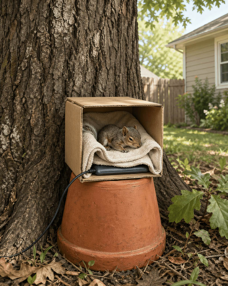 DIY Squirrel Reunification Box Placed at Tree Base with Heating Pad