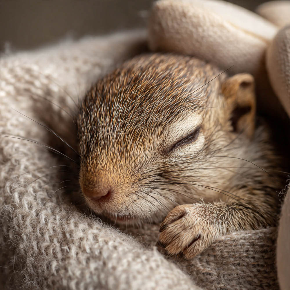 Sleeping Baby Squirrel Wrapped in Soft Blanket During Care