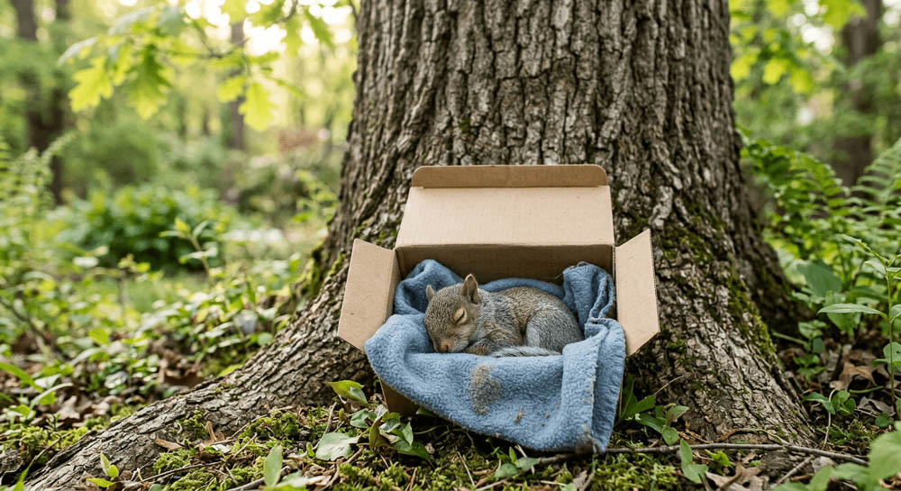 Sleeping Baby Squirrel in Reunification Box at Base of Tree
