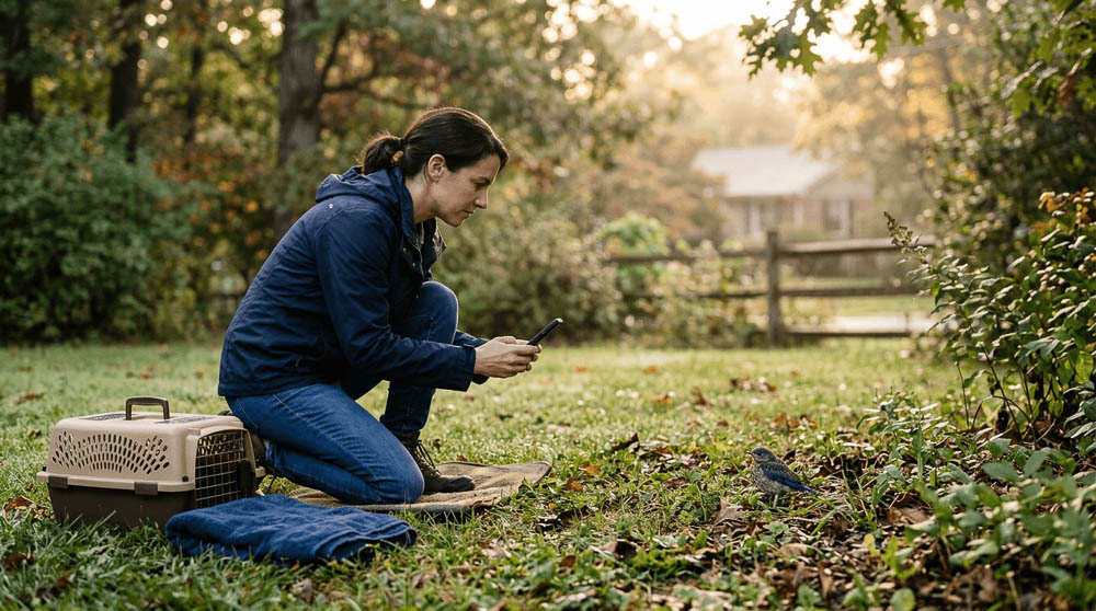 Woman Observing Small Wild Bird in Yard with Pet Carrier Nearby