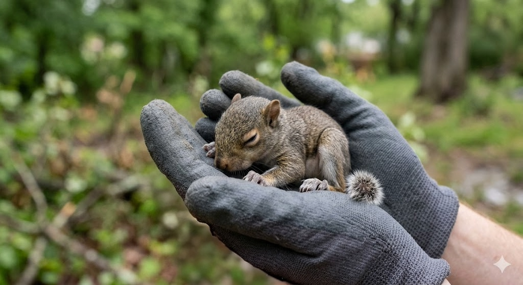 Found a baby squirrel being safely placed into a reunion box at the base of a tree