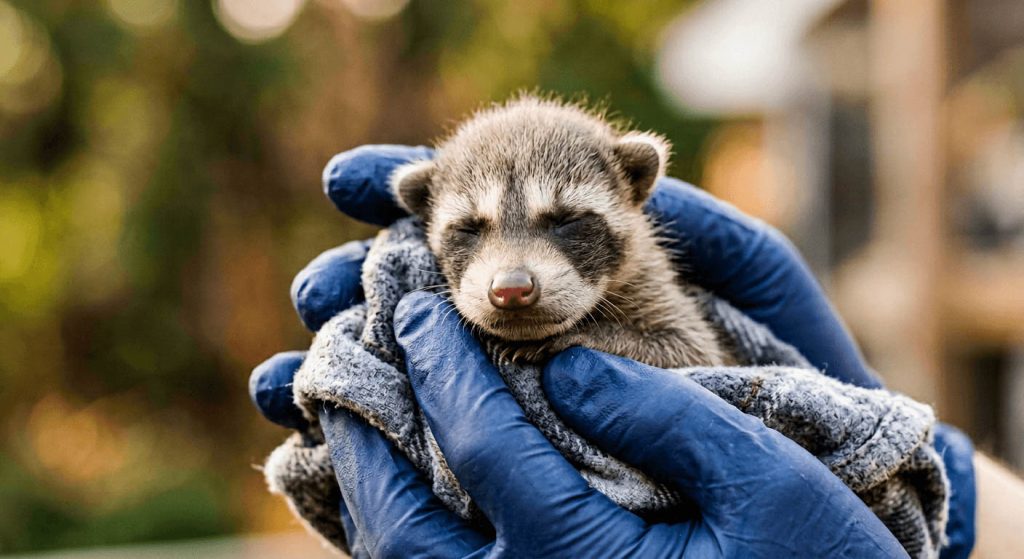 Baby Raccoon Rescue Intake Portrait Wrapped in Towel