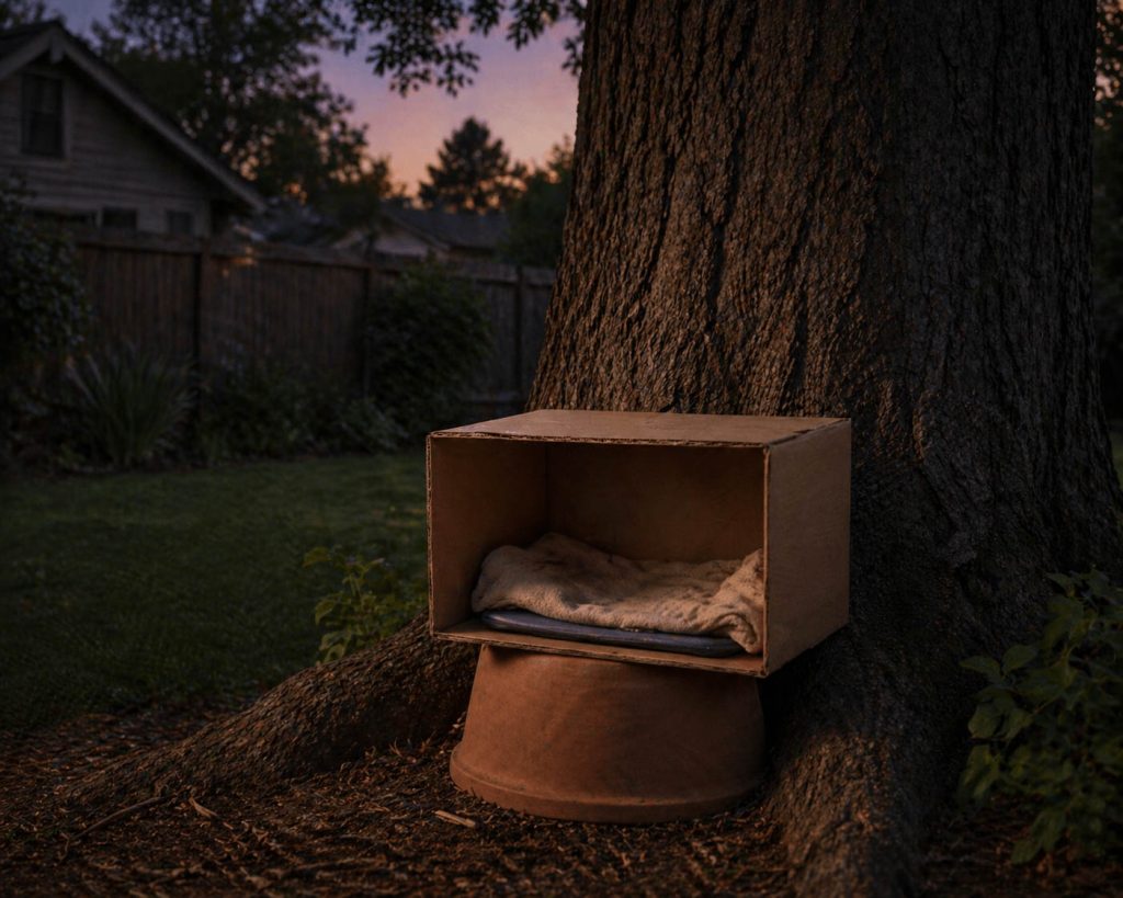 Improvised Outdoor Shelter Box at Base of Tree