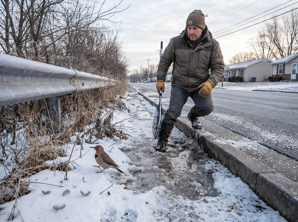 Winter Wildlife Rescue Along Icy Roadside