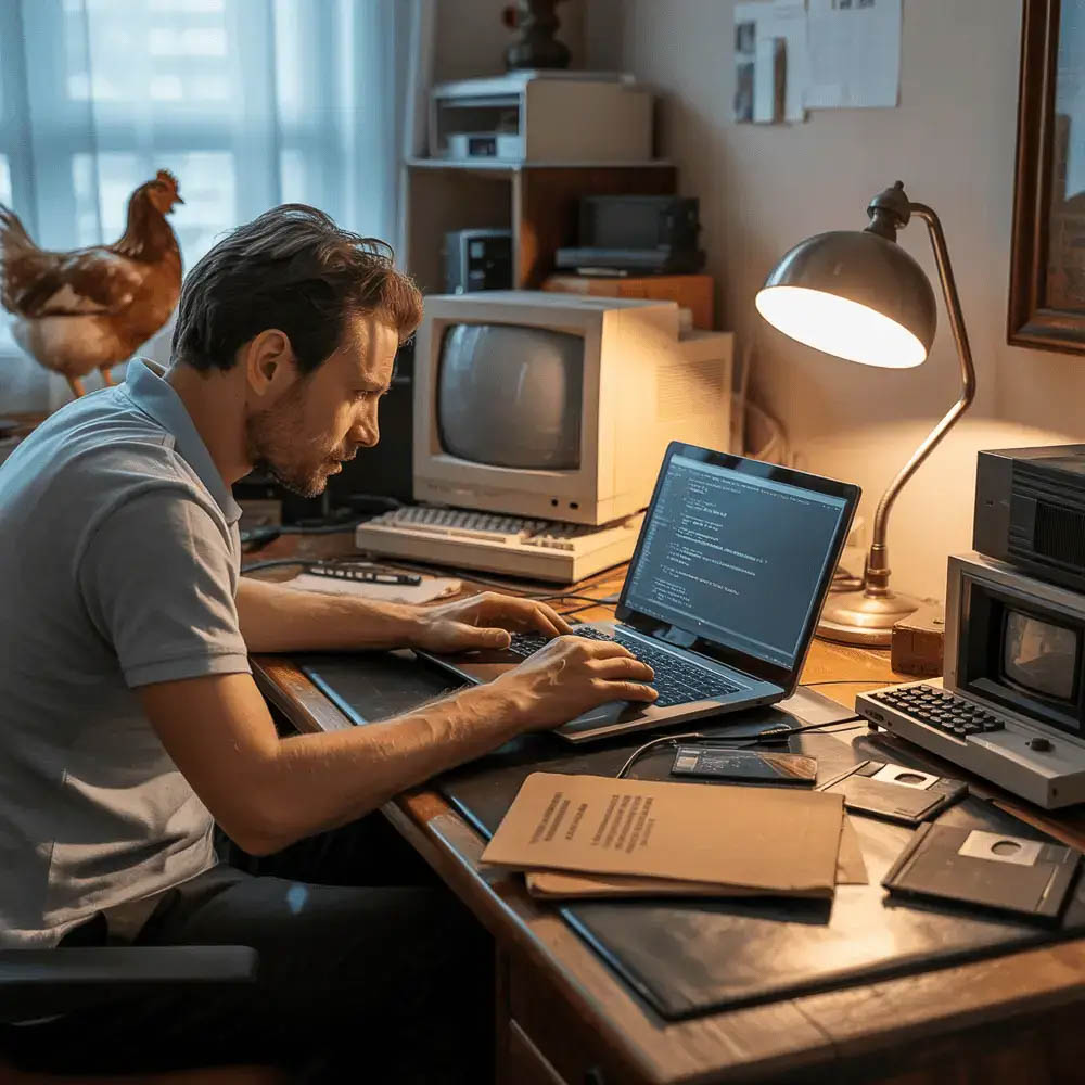 Vintage Programmer Workspace with Retro Computers and Chicken Companion