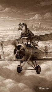Vintage Aviator Parrot Flying Above the Clouds