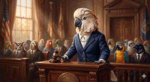 Cockatoo Judge Presiding Over Bird Courtroom Illustration