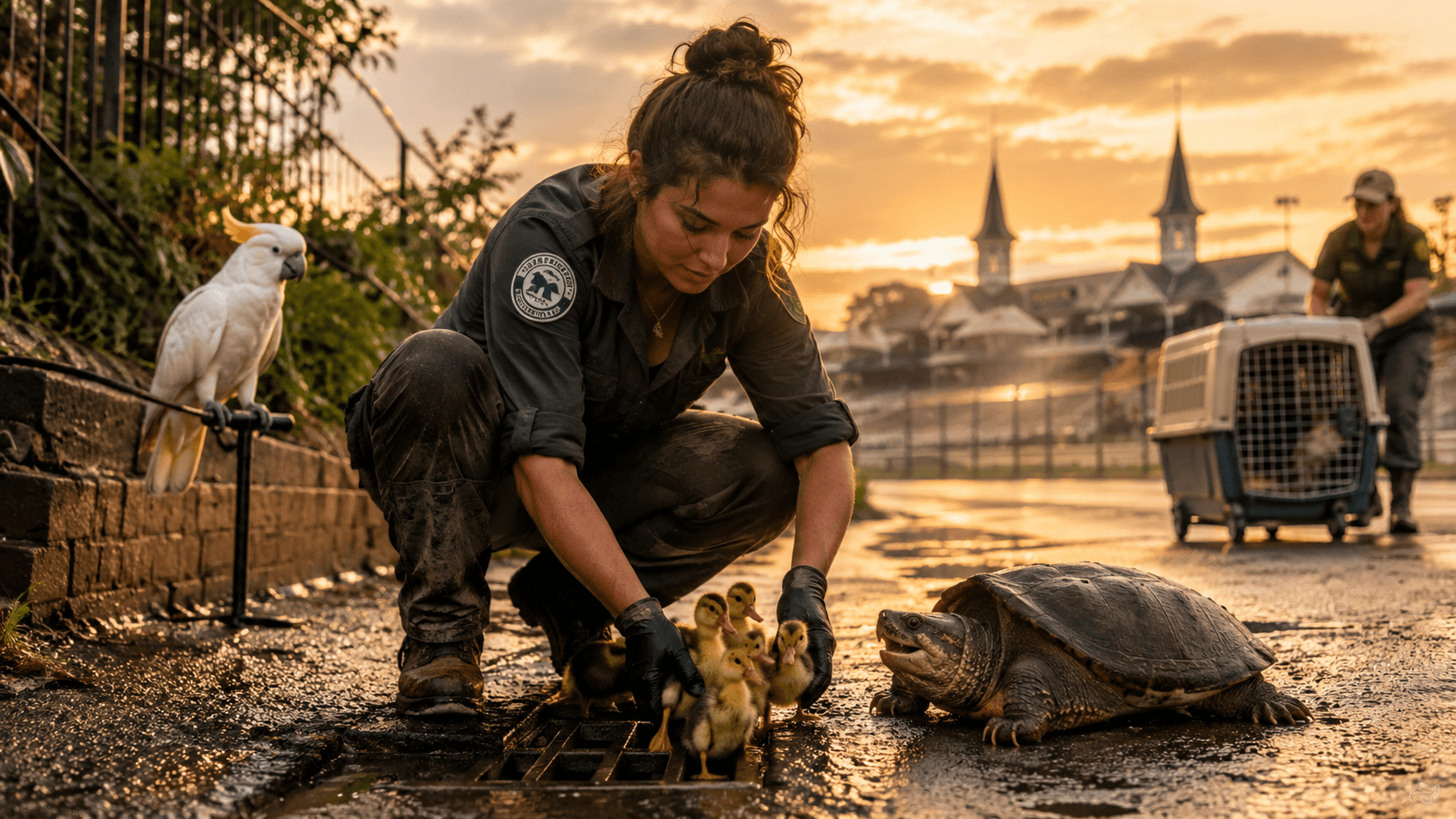 Wildlife Rescue Team Assisting Ducklings and Snapping Turtle at Sunrise