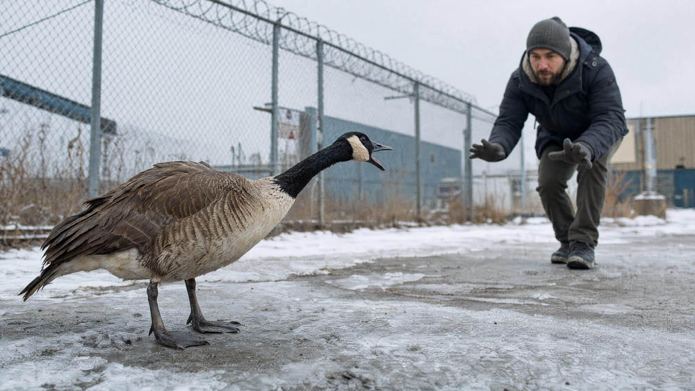 Canada Goose Defensive Display in Winter Industrial Yard
