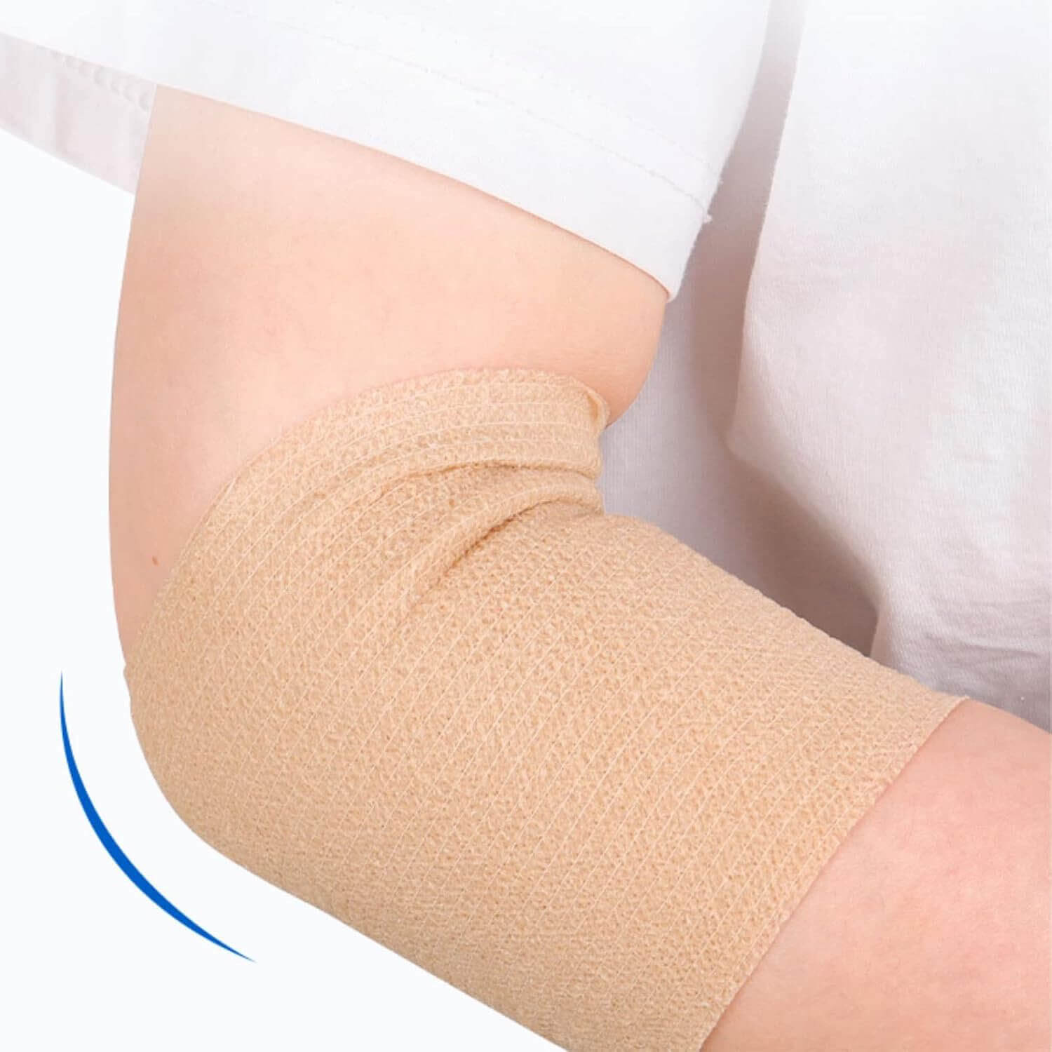 Beige Cohesive Bandage Wrap Applied To Elbow Support Demonstration