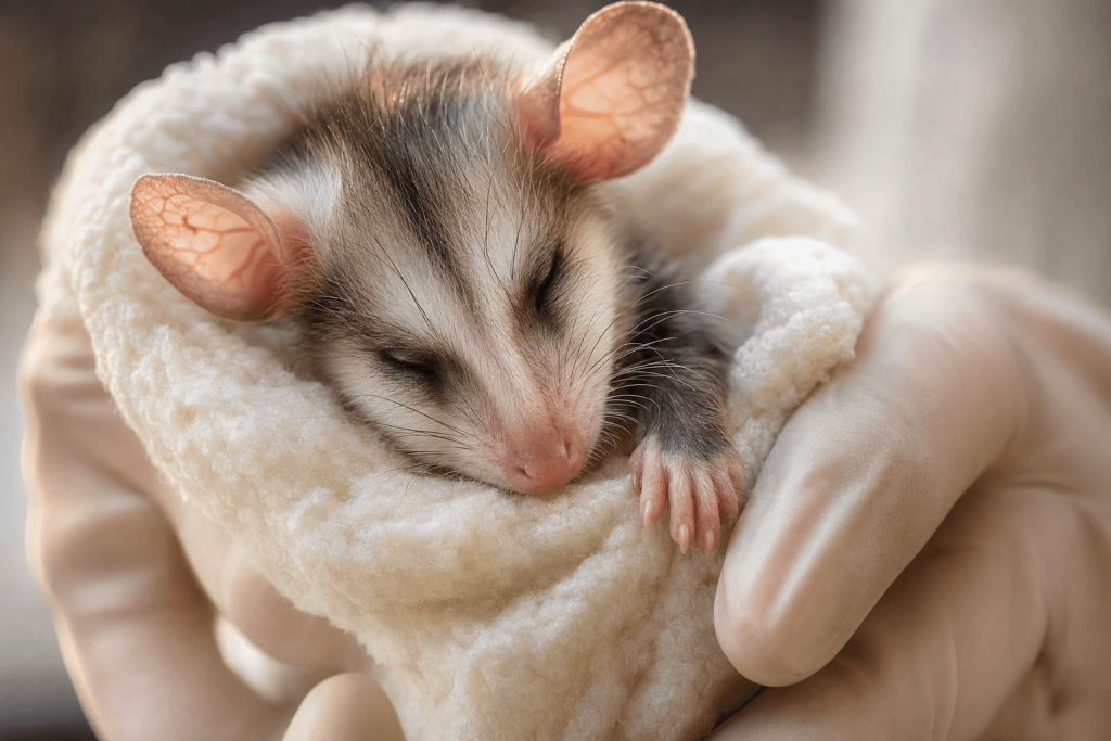 Baby Virginia Opossum Wrapped in Rescue Blanket Baby Virginia Opossum Wrapped in Rescue Blanket