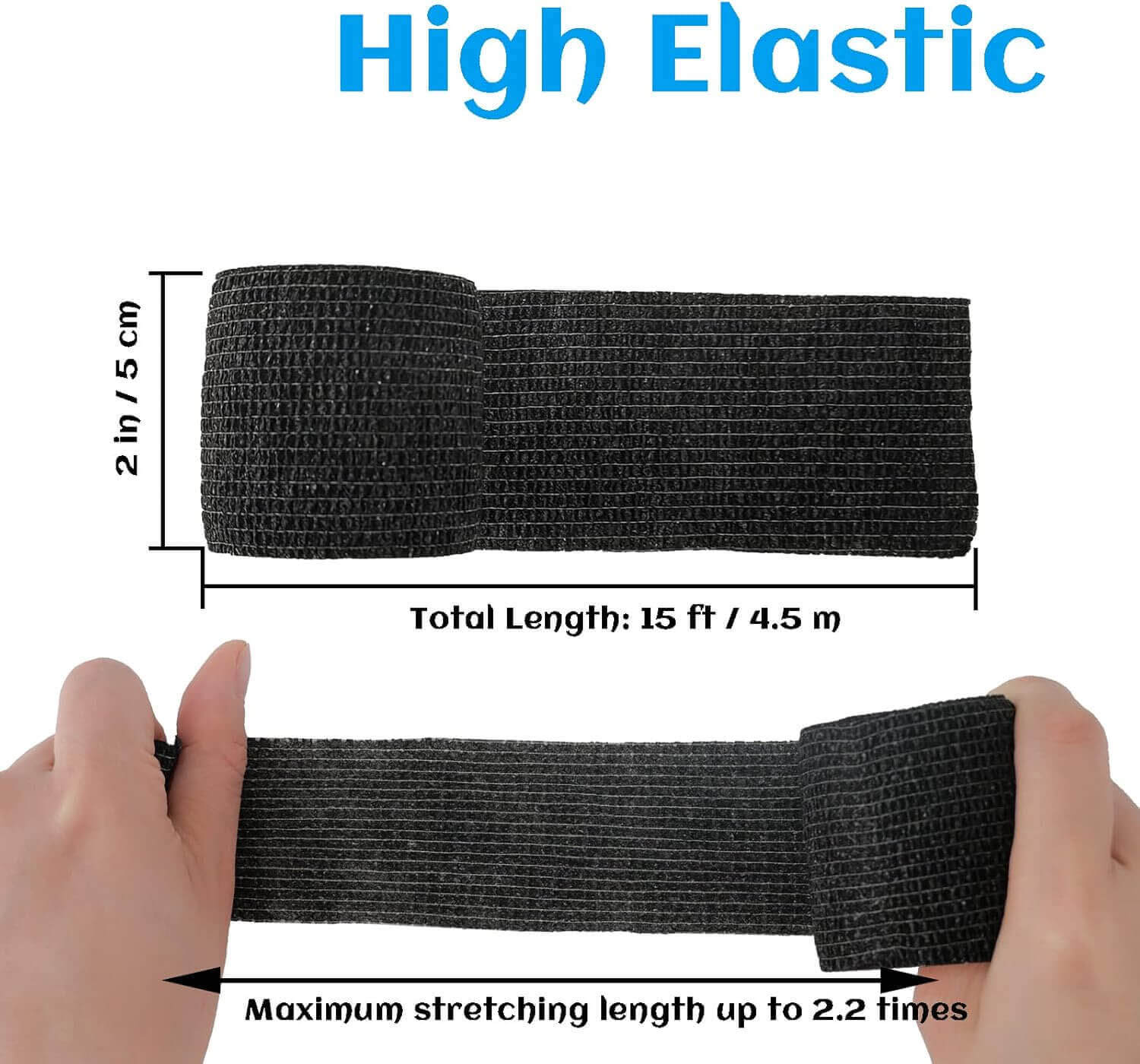 Black Cohesive Bandage Wrap Size And Stretch Demonstration Image