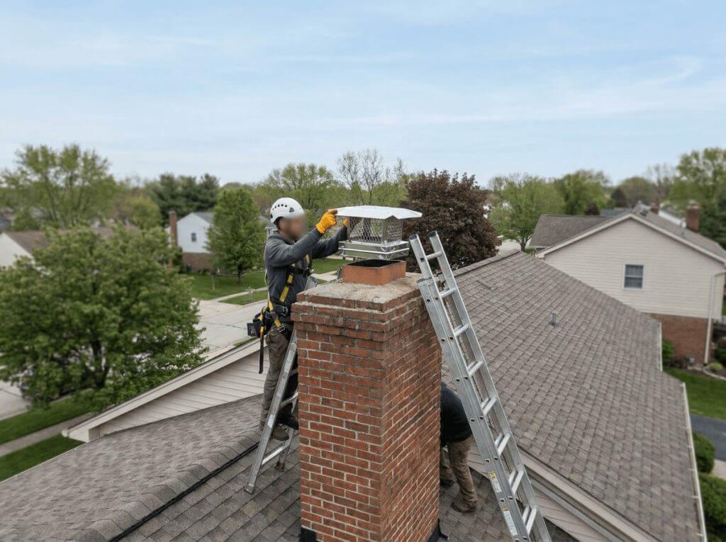 Chimney Cap Installation On Residential Roof Wildlife Prevention Image