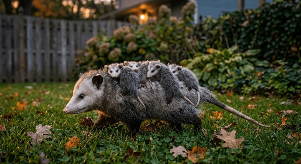 Mother Virginia Opossum Carrying Babies Through Backyard at Dusk Mother Virginia Opossum Carrying Babies Through Backyard at Dusk