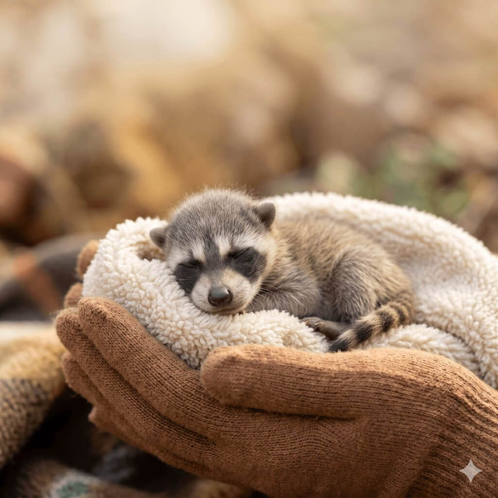 Sleeping Baby Raccoon Wrapped In Blanket During Rescue Care