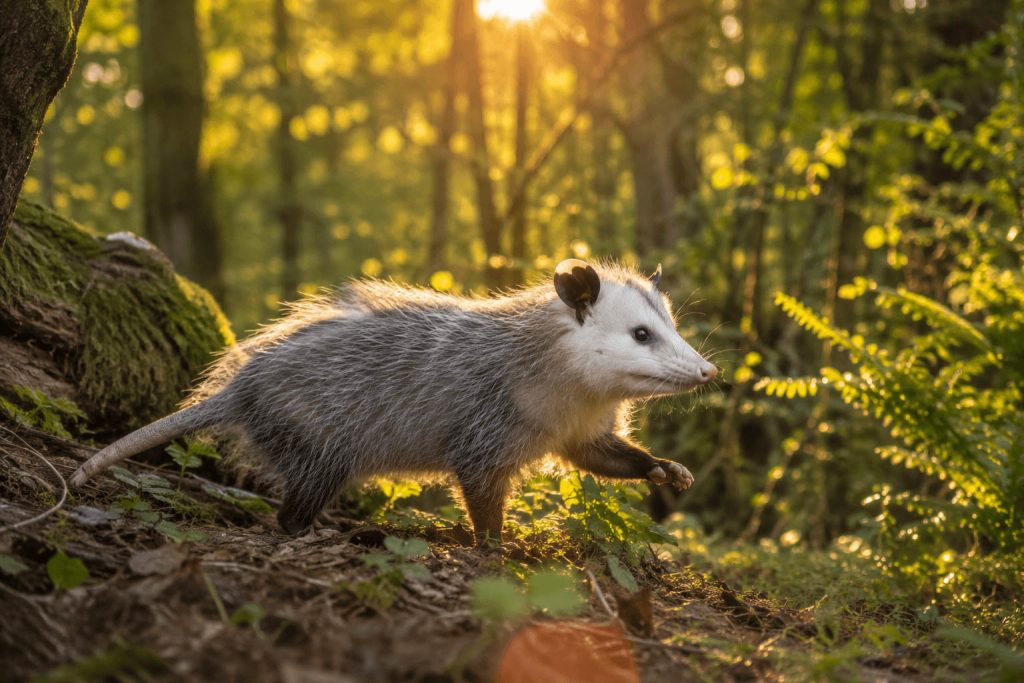 Virginia Opossum Exploring Forest Habitat at Sunset Virginia Opossum Exploring Forest Habitat at Sunset