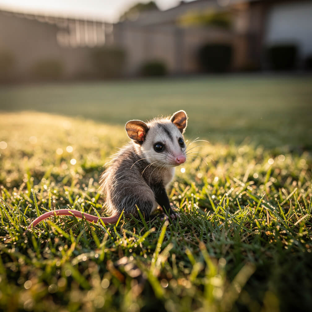 Young Virginia Opossum Sitting in Grass at Sunrise