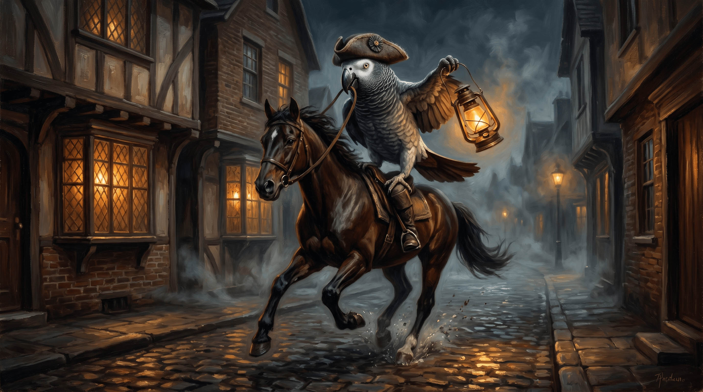 Stormy the Timneh grey as Paul Revere, riding through a colonial village at night with a lantern.