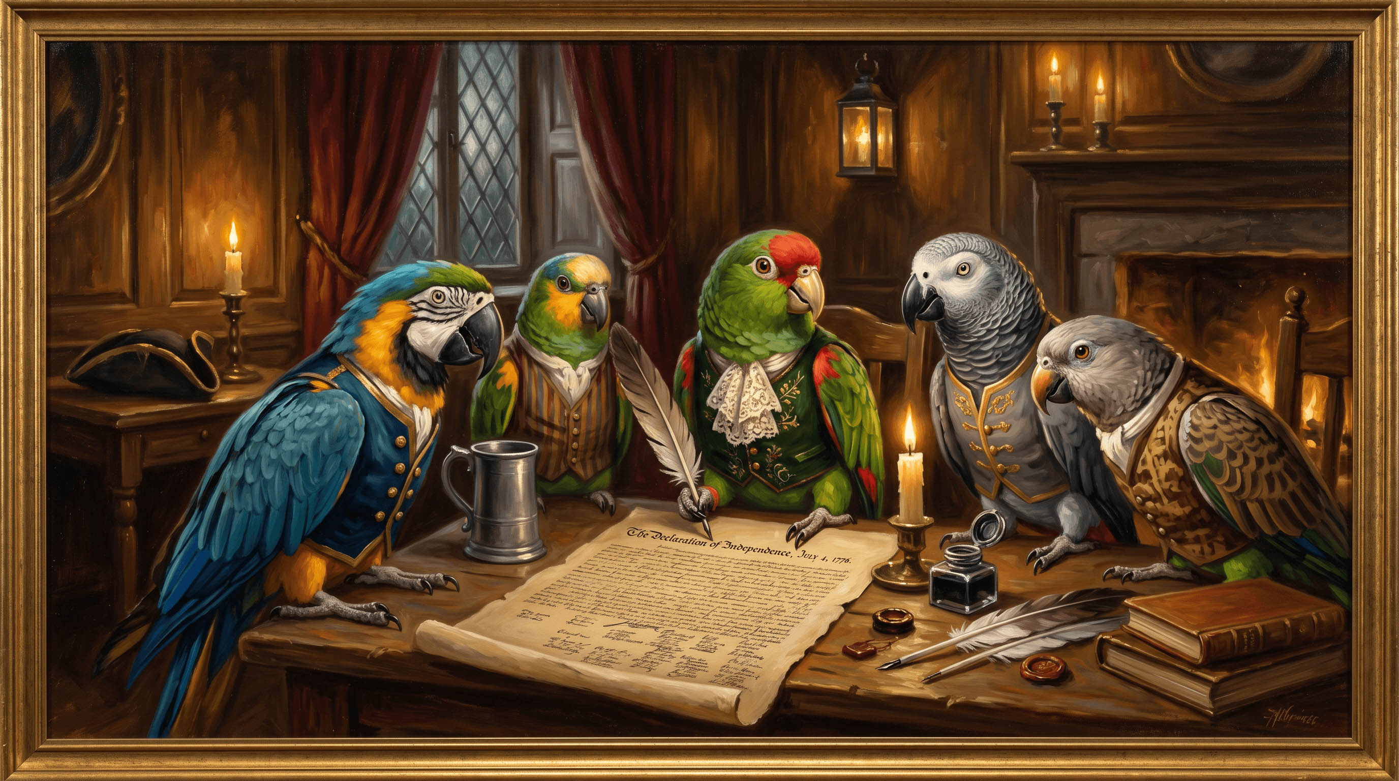 A flock of parrots in 1776 waistcoats signing the Declaration of Independence by candlelight.