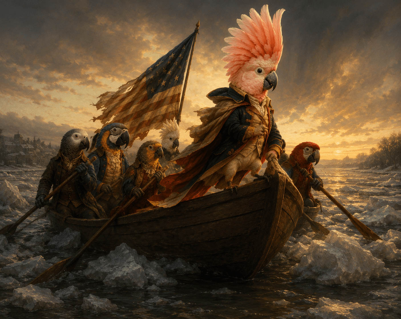 Kiki the Moluccan cockatoo as George Washington at the prow of a boat crossing the icy Delaware at dawn.