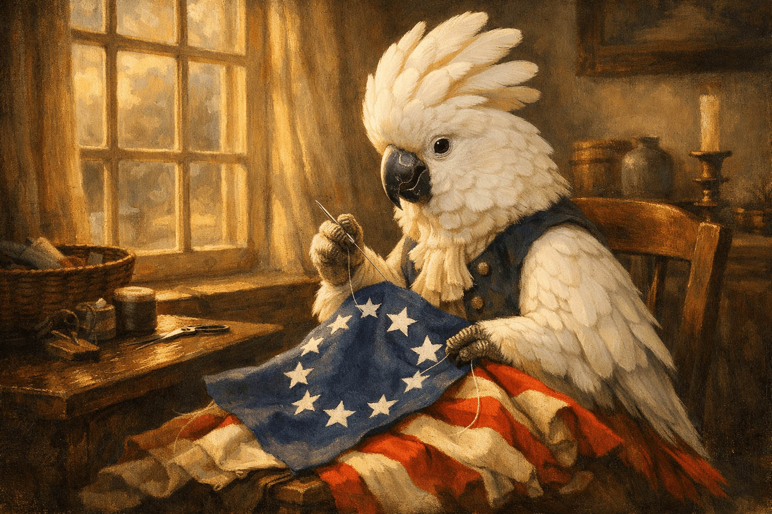 Rosie as Betsy Ross, a white cockatoo sewing a thirteen star flag by a sunlit window.