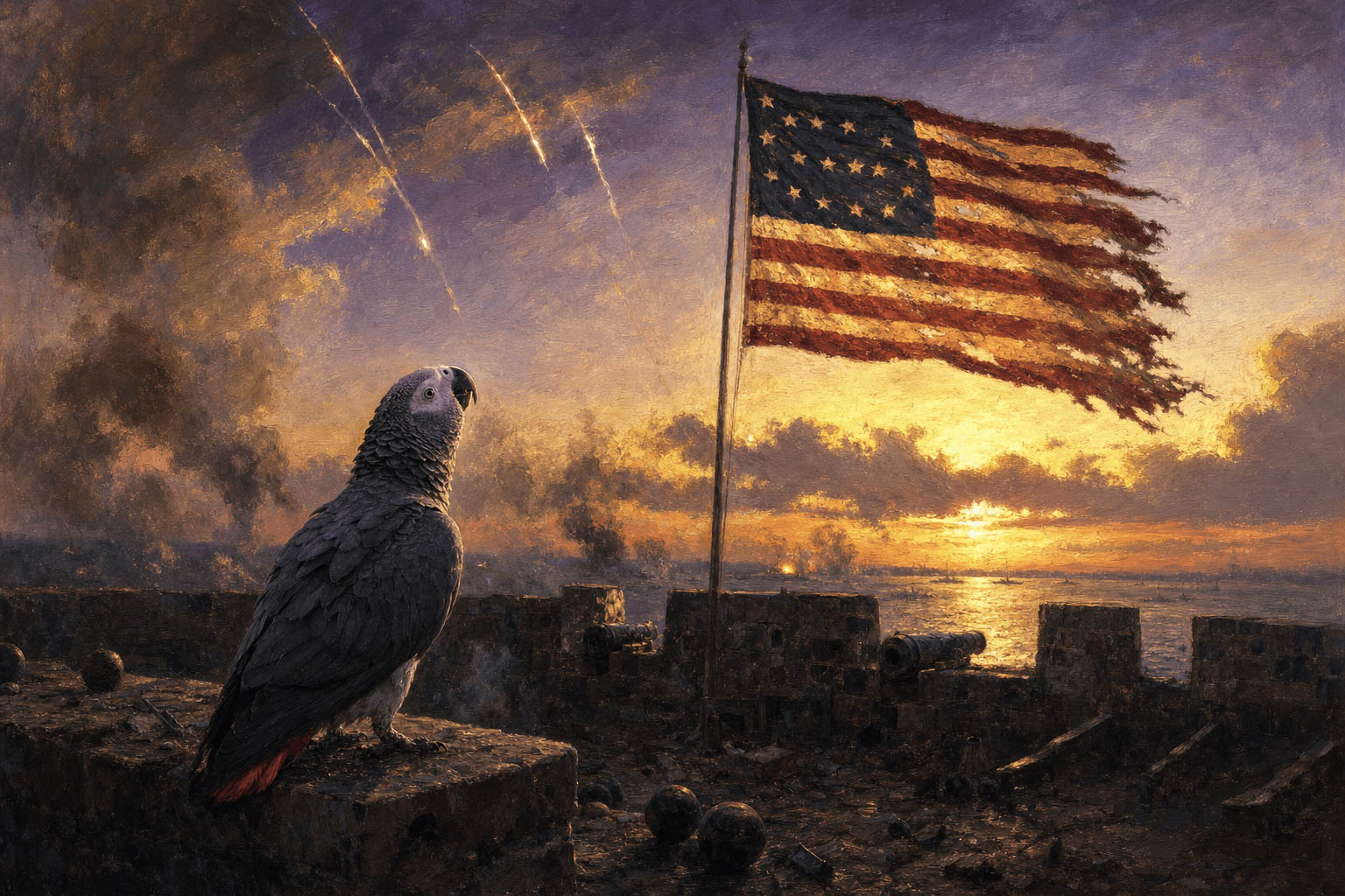 Chloe as Francis Scott Key, a parrot watching the flag fly over Fort McHenry at dawn.