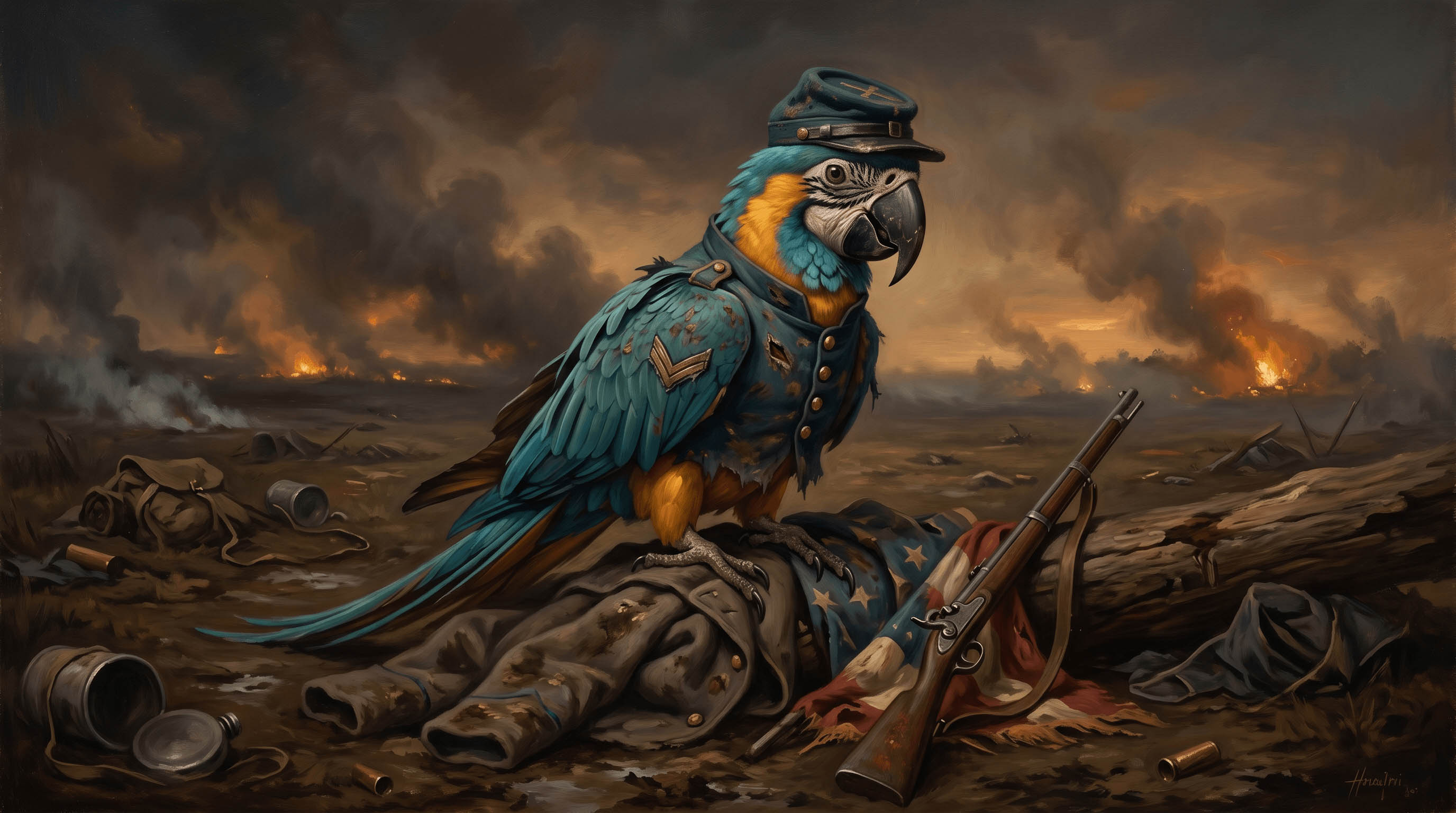 Houdini the blue-throated macaw as a weary Union soldier in a smoky Civil War field.