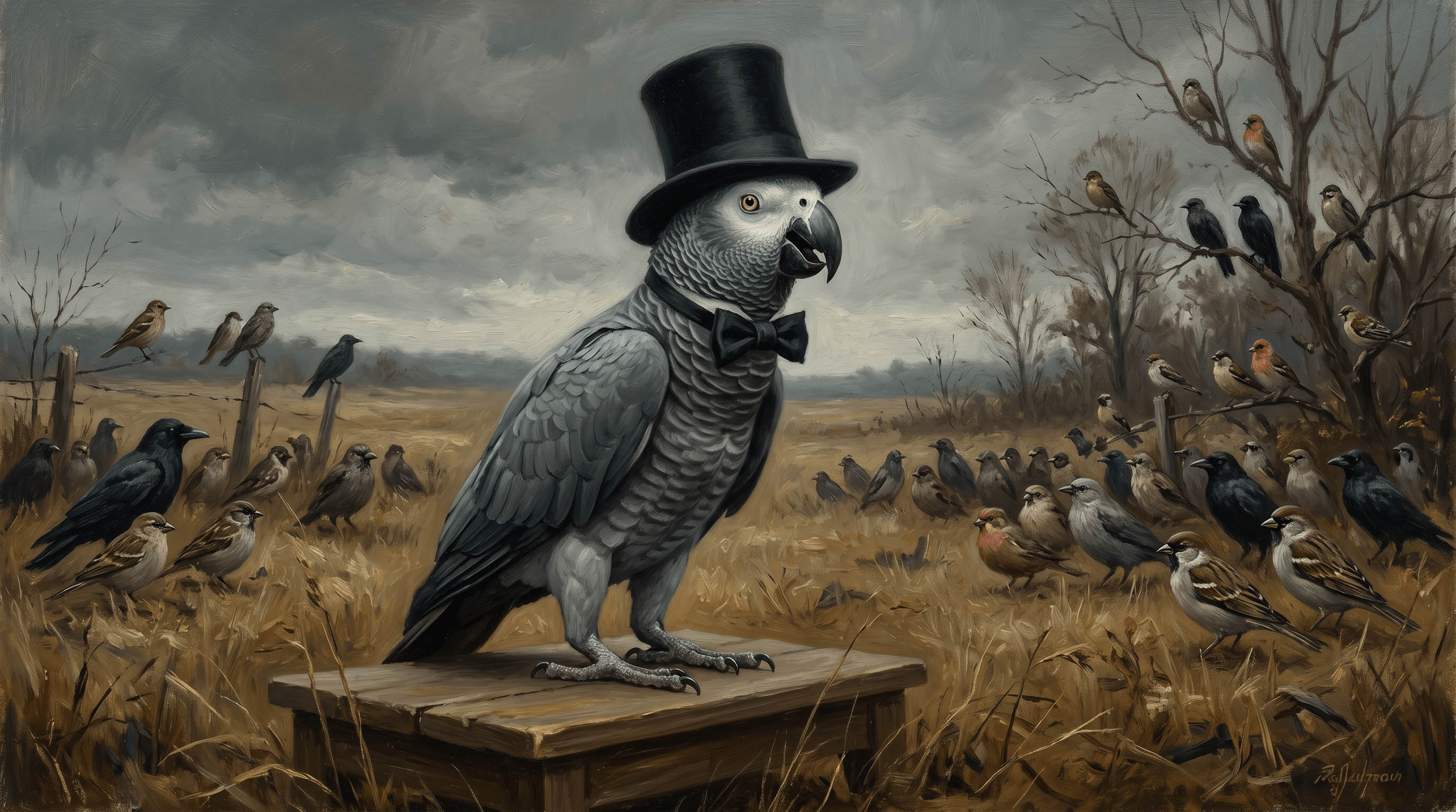 Carl as Abraham Lincoln, a parrot in a stovepipe hat giving the Gettysburg Address.