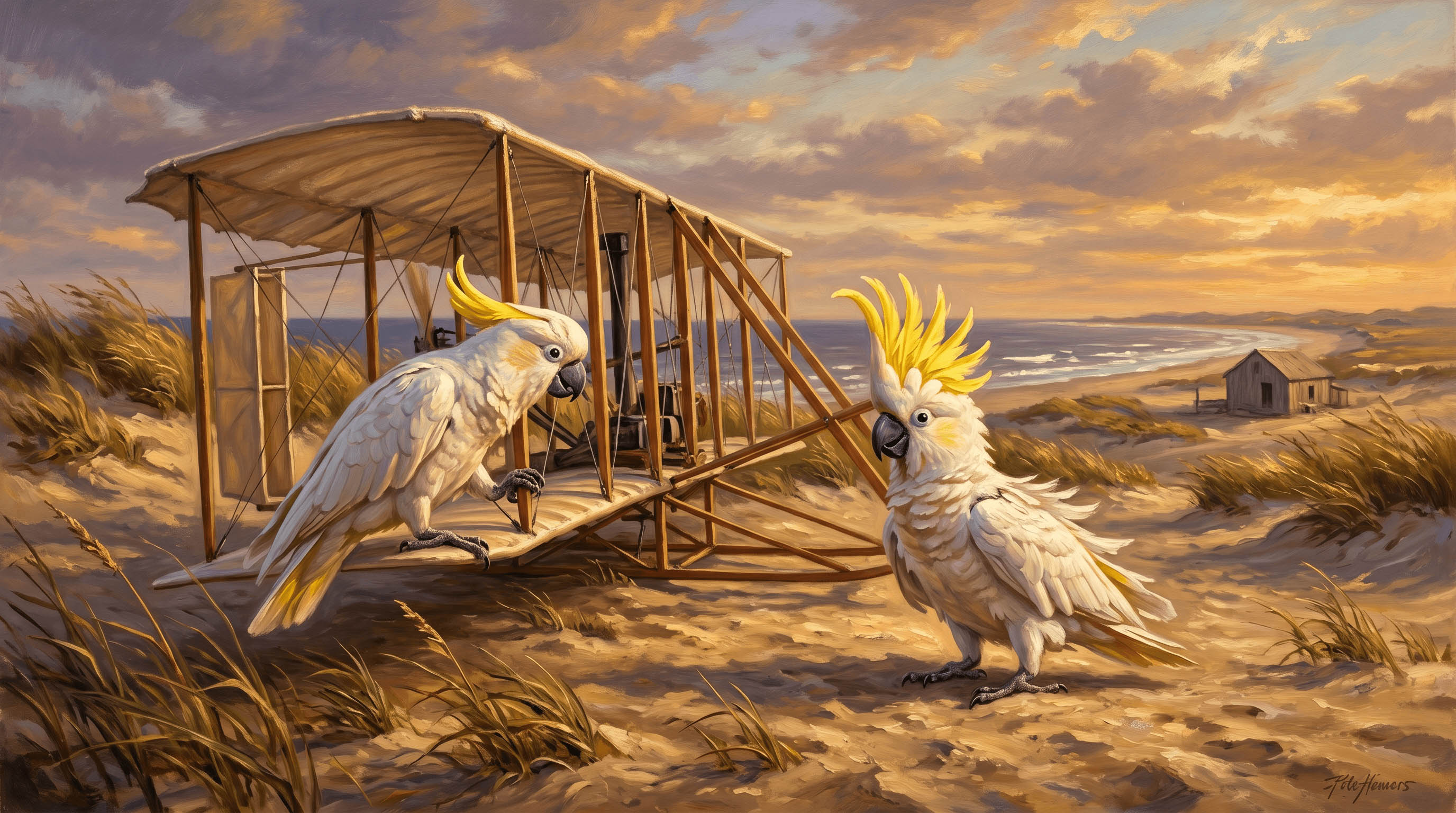 Ray Ray and Raylin as the Wright Brothers beside a wooden flyer on a windy dune at Kitty Hawk.