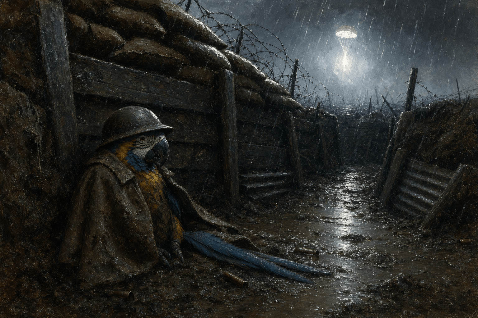 Houdini the blue-throated macaw in a WWI doughboy helmet in a muddy trench at night.