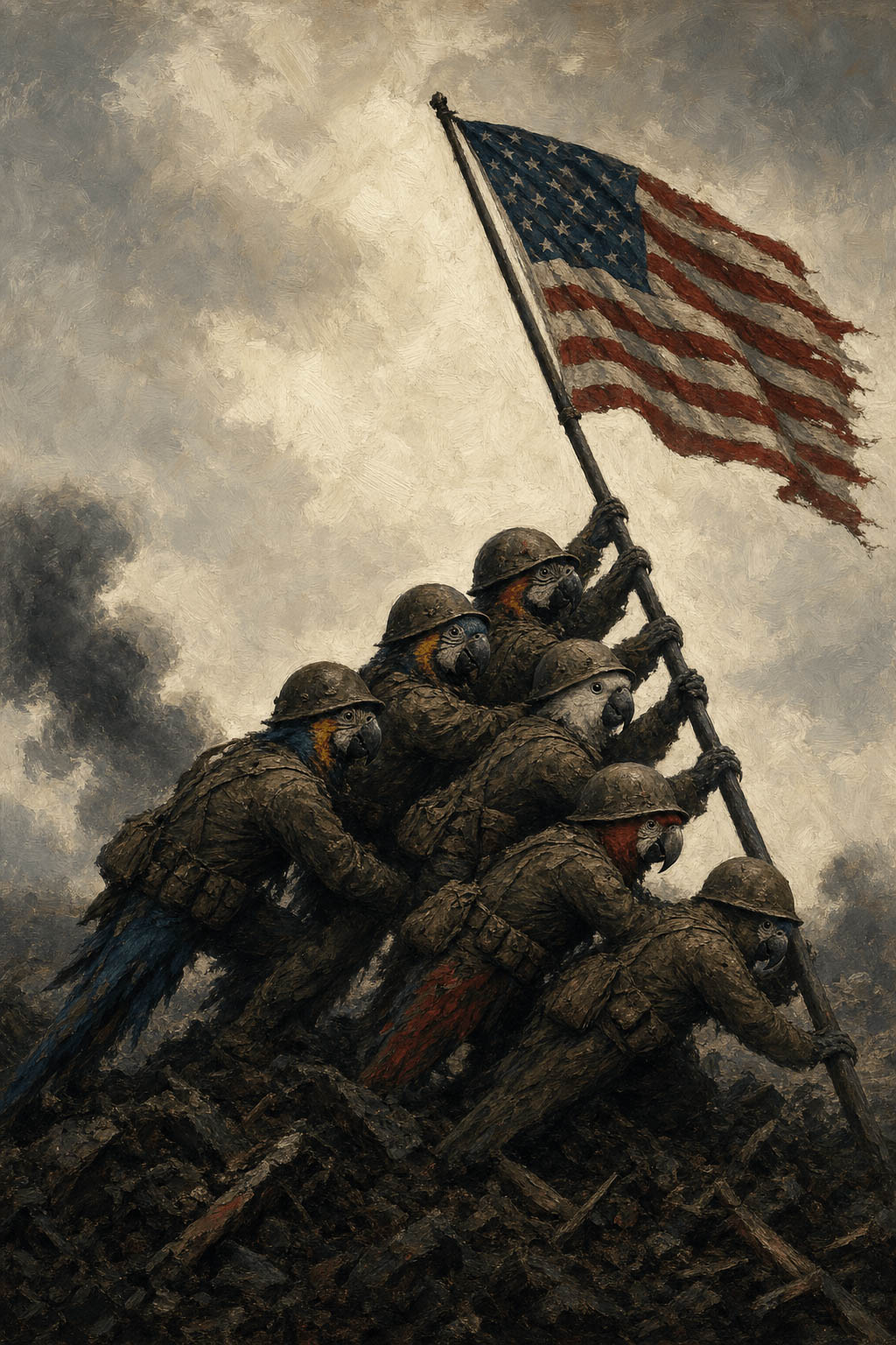 Six parrots raising the American flag together on a volcanic ridge, the Iwo Jima moment.