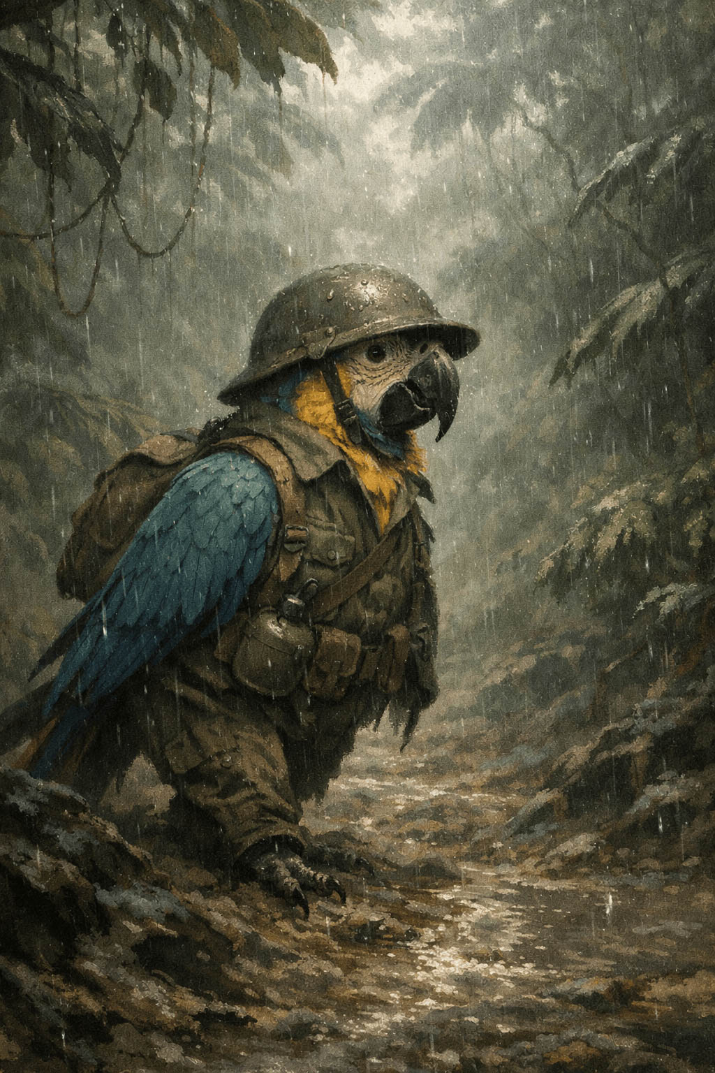 Houdini the blue-throated macaw in olive drab on a rainy jungle trail.
