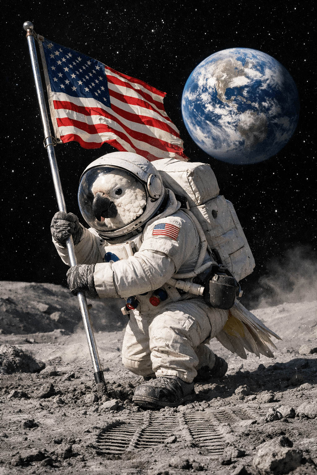 Ghost as an astronaut, a white parrot planting the flag in grey moon dust with Earth in the sky.