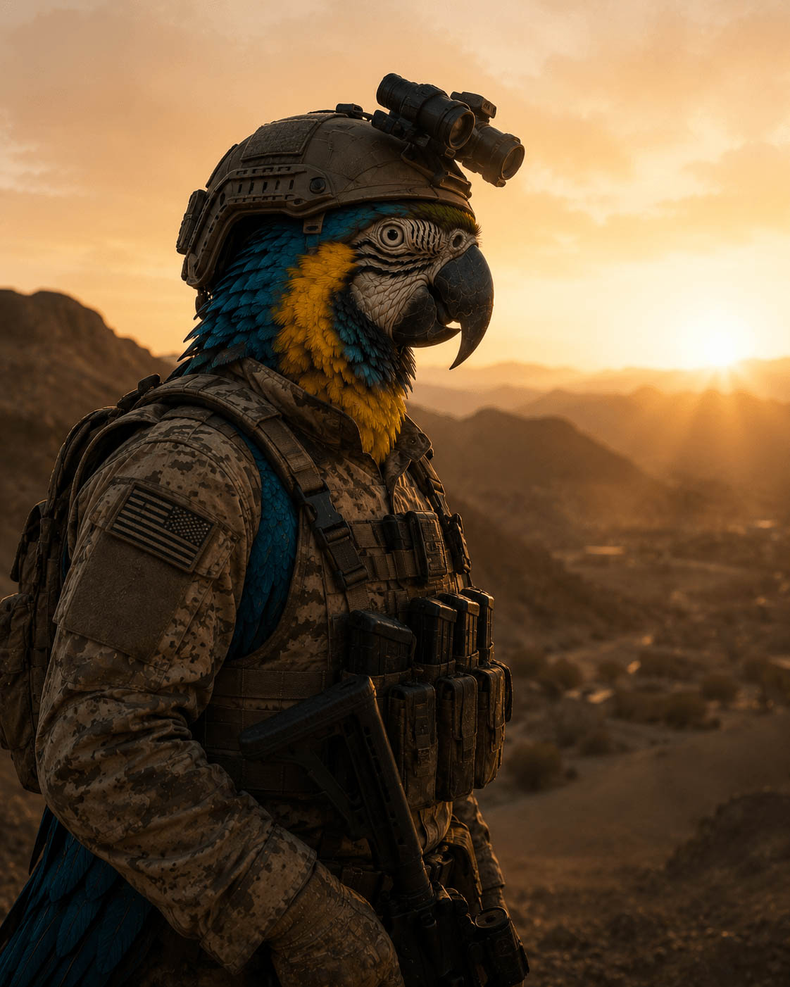 Houdini the blue-throated macaw in modern desert camo against a dusty sunrise.