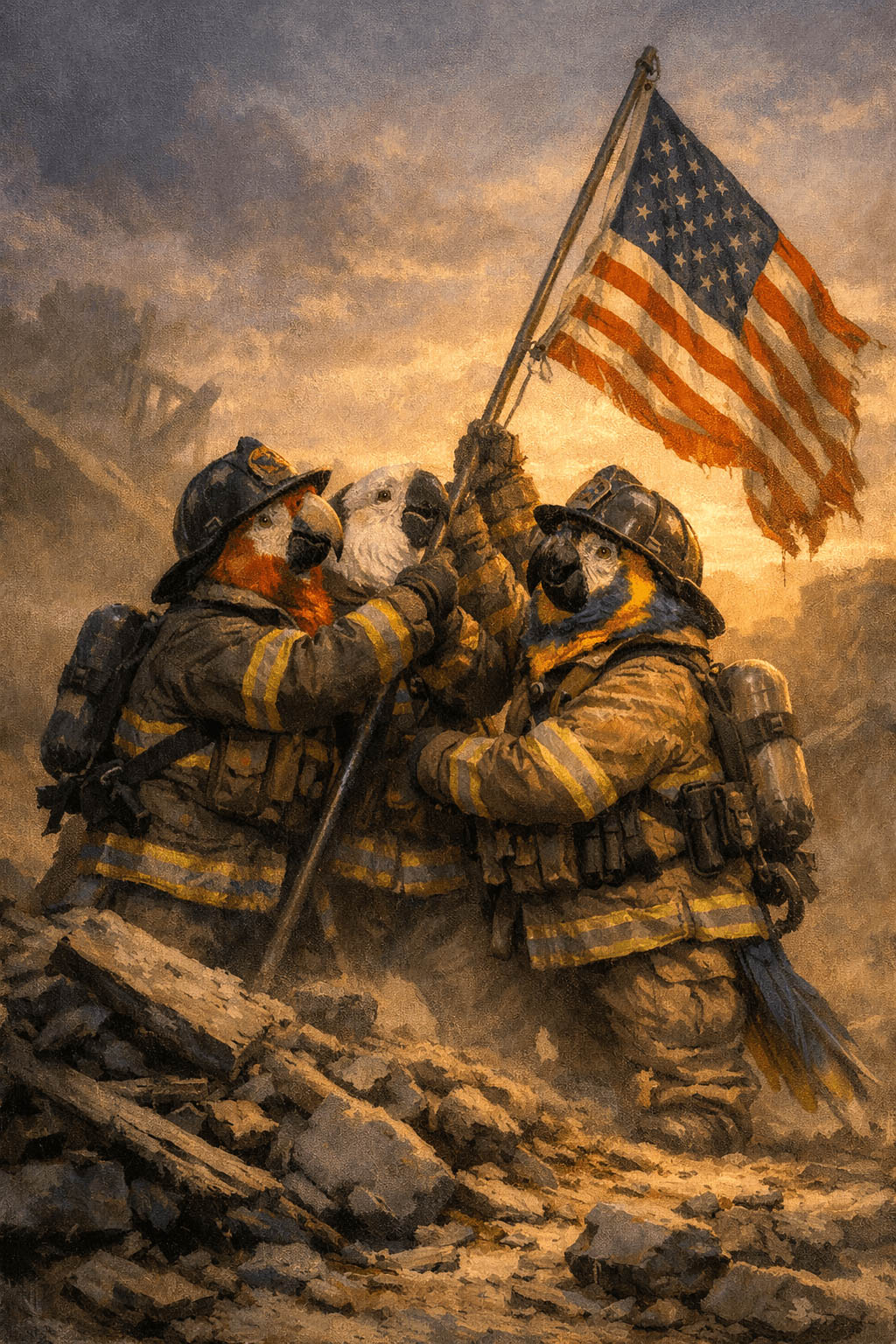 Three firefighter parrots raising the flag amid rubble at dusk, honoring Ground Zero responders.