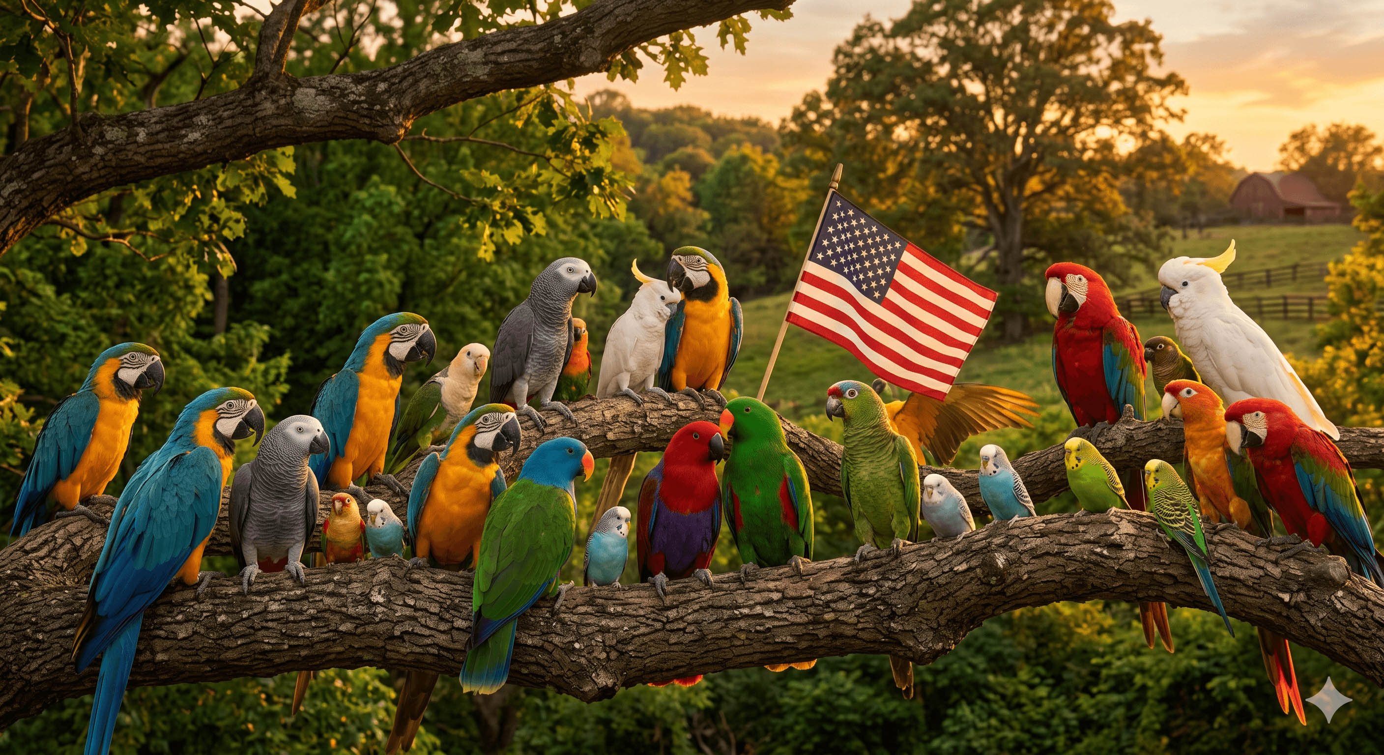 A joyful flock of colorful rescued parrots together in warm Kentucky evening light.