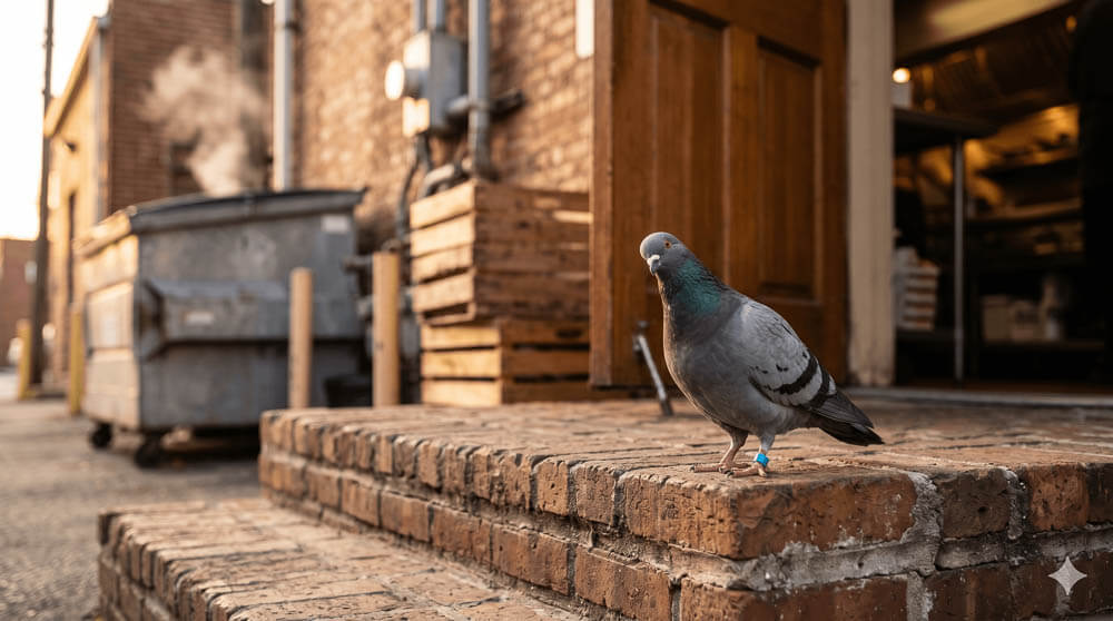 Banding Together: Urban Pigeon Outside a Restaurant Loading Entrance