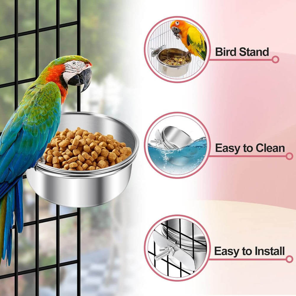 Stainless Steel Clamp-On Bird Bowl Installed on Cage Bars